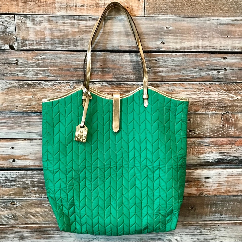Ralph Lauren LAUREN quilted green & gold tote bag